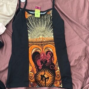 Save The Queen Black and Orange Fitted Graphic Camisole